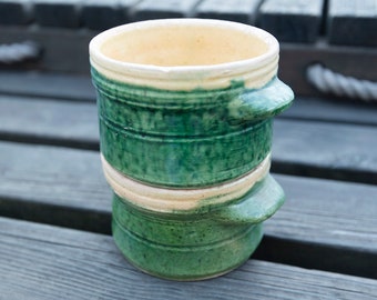 Vintage Set of Two Glazed Green Terracotta Soup Bowls