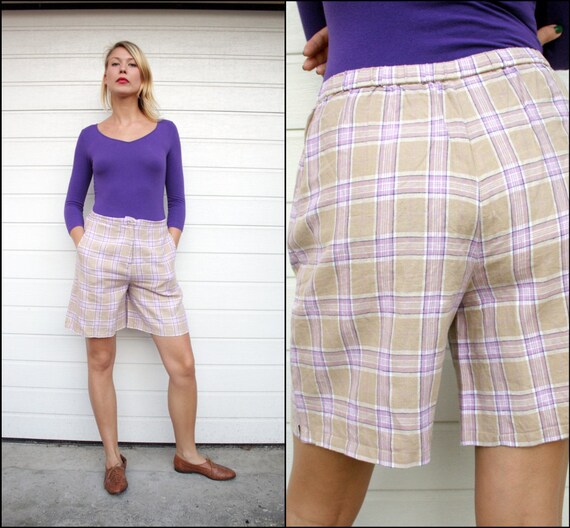 Vintage Pastel Lavender Plaid Linen Bermuda Shorts
