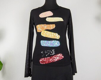 Vintage Black Mesh Long Sleeve Sequined Top