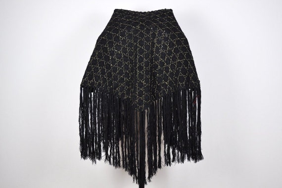 Vintage Black and Gold Hand Knit Fringed Wrap Sca… - image 5