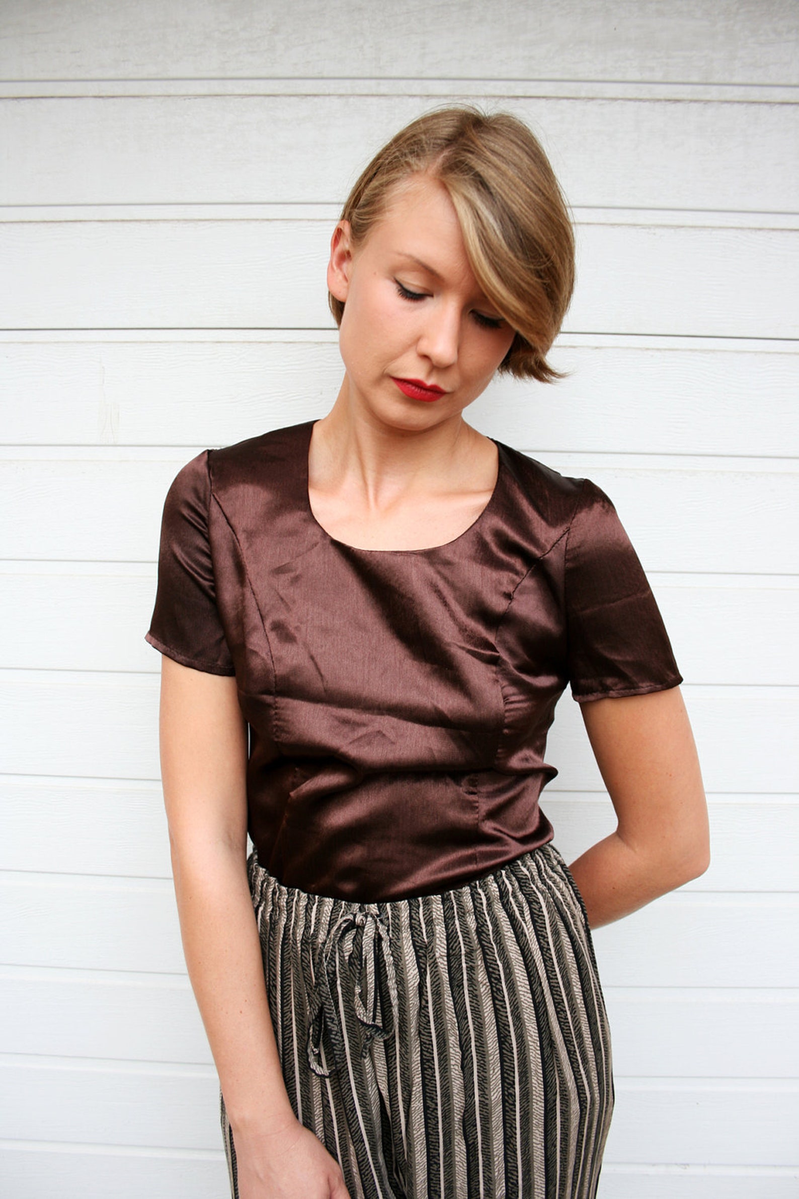 Vintage Brown Satin Blouse | Etsy