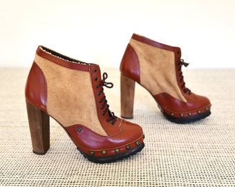 Vintage Leather and Canvas Chunky Wooden Heel Platform Ankle Booties