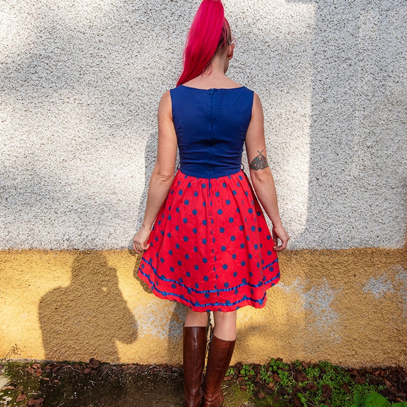 Vintage Blue and Red Polka Dot Sleeveless Midi Dress image 4