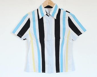 Vintage Striped Stretchy Short Sleeve Button Up Blouse