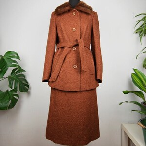 Vintage Rust Brown Bouclee Knit Fur Trim Two Piece Skirt Suit