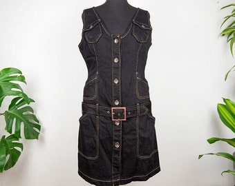 Vintage Black Denim Button Front Low Waist Belted Sleeveless Midi Dress