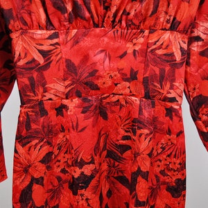 Vintage Rote Blumen Puffigen Ärmel Wackeln Midi Seidenkleid Bild 2