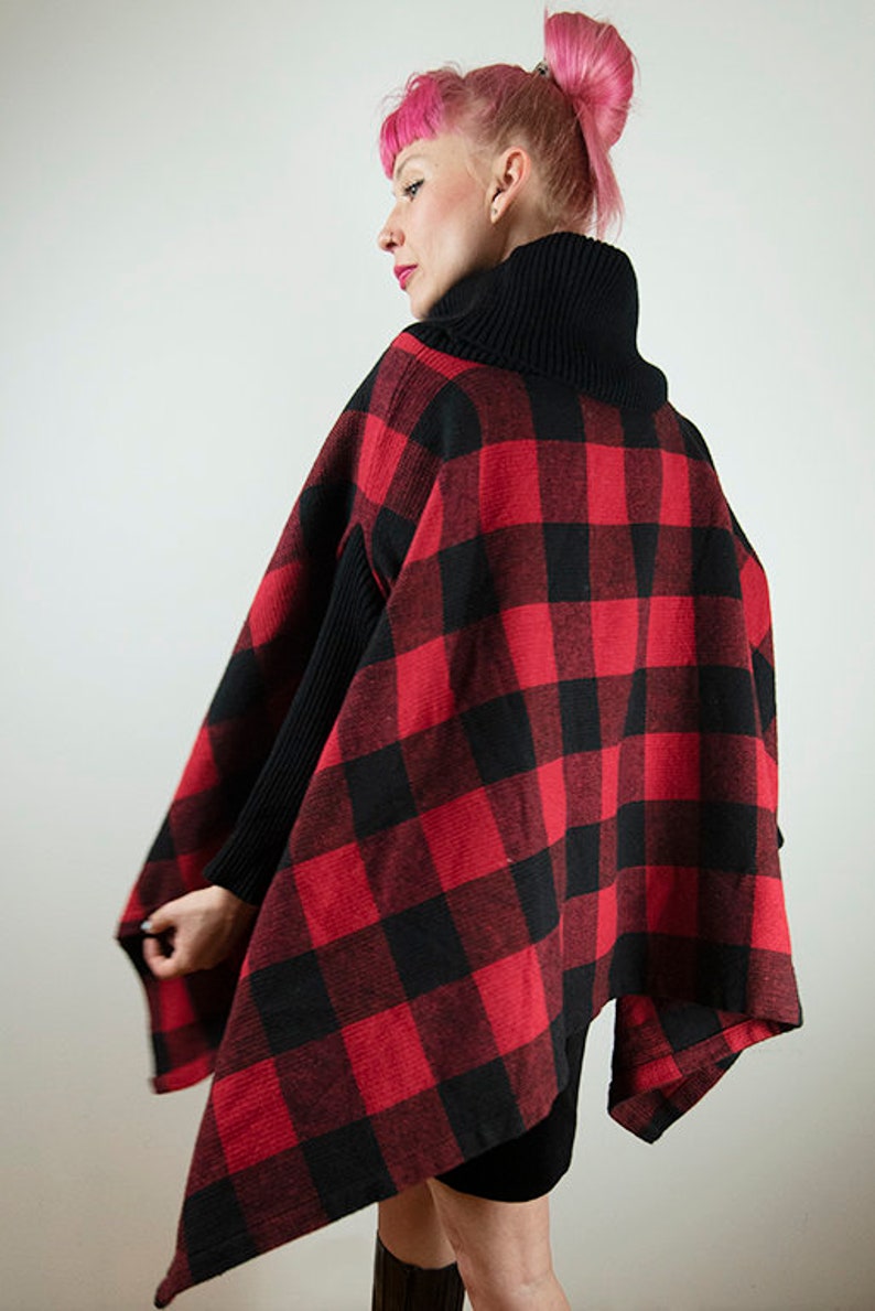 Vintage Red Buffalo Plaid Poncho Jacket image 3