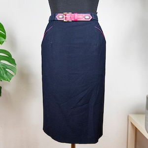 Vintage Navy Blue High Waist Pencil Midi Skirt
