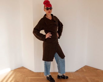 Vintage Brown Felt Wool Blend Wrap Coat