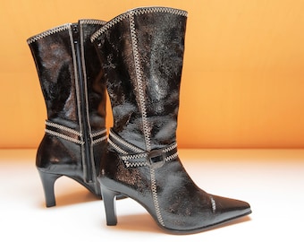 NOS Vintage Black Glossy Leather Boots