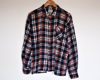 Vintage Navy White and Red Plaid Flannel Long Sleeve Button Down Shirt