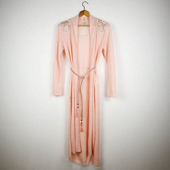 Vintage Soft Pink Semi Sheer Duster Floral Lace R… - image 1