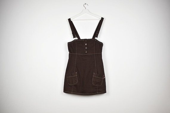 Vintage Brown Denim Bib Overalls Mini Dress