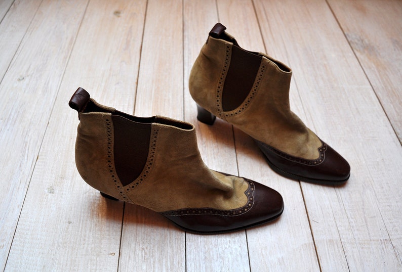Vintage Two Tone Leather and Suede Wingtip Oxfords Western Ankle Booties