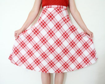Vintage Red and White A Line Plaid Pleated Midi Skirt