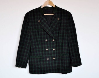 Vintage Lodenfrey Green and Charcoal Plaid Wool Rustic Blazer Jacket