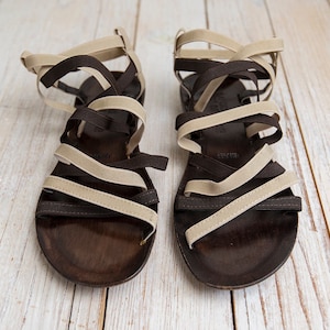 Vintage Brown and Beige Elastic Strappy Flat Sandals