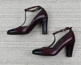 NOS Vintage Oxblood and Black Leather Strappy Oxford Pumps by Whyred