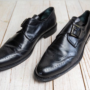 Vintage Mens Classic Black Leather Wingtip Dress Buckle Oxford Shoes image 3