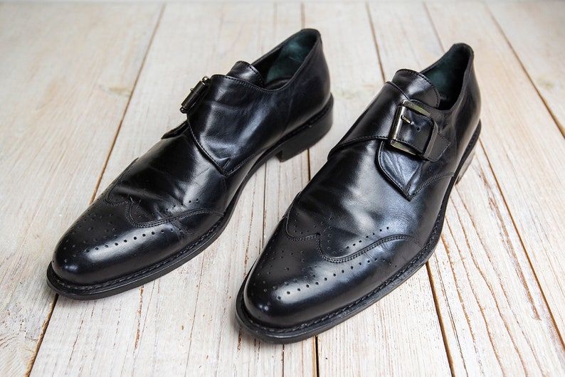 Vintage Mens Classic Black Leather Wingtip Dress Buckle Oxford Shoes image 3