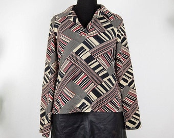 Vintage Beige Red and Black Abstract Striped Long Sleeve Collared Stretchy Top