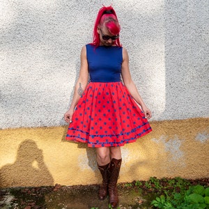 Vintage Blue and Red Polka Dot Sleeveless Midi Dress image 2