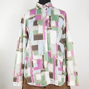 Vintage Pastel Colorblock Novelty Print Button Down Long Sleeve Shirt
