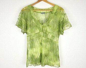 Vintage Ombre Green Mesh Sheer Short Sleeve Top