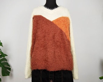 Vintage Fuzzy Knit Colorblock Pullover Sweater