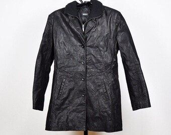 Vintage Black Leather Zip Up and Button Down Coat