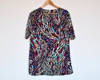 Vintage Colorful Abstract Print Pull Over Short Sleeve Boxy Blouse