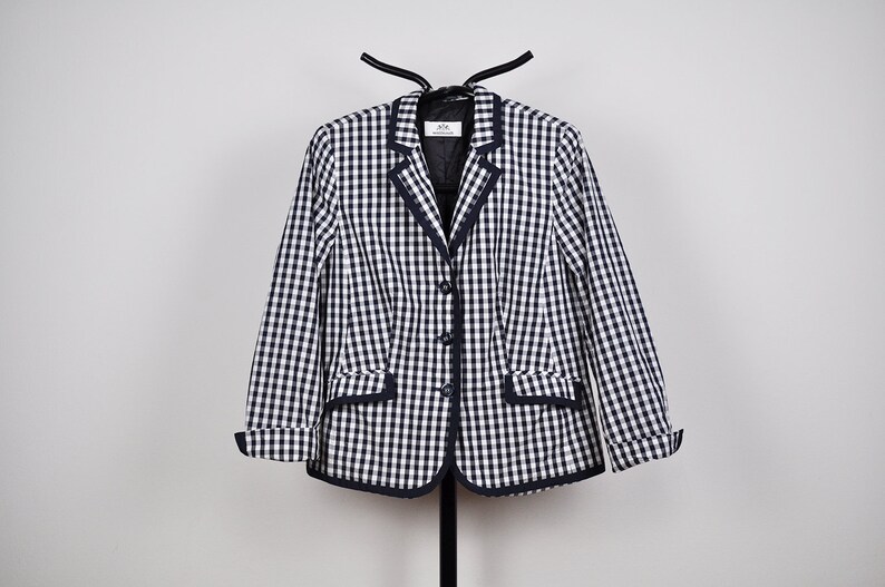 Vintage Navy Blue and White Checkered Rain Blazer Jacket