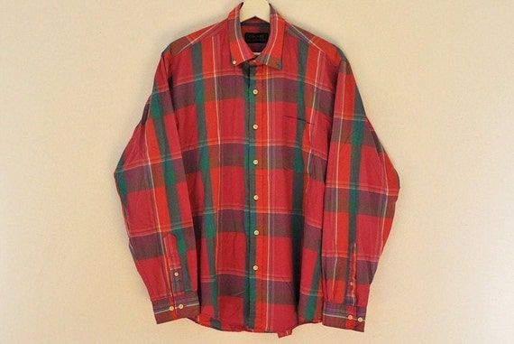 Vintage Pink and Torquoise Plaid Button Down Oxfo… - image 1