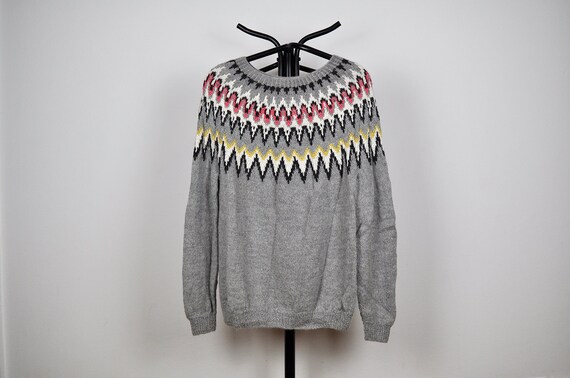 Vintage Grey Handknit Nordic Pattern Oversized Slo