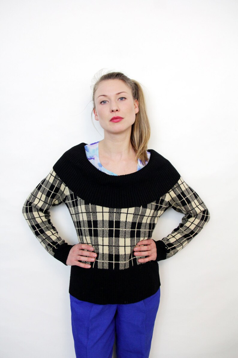 Vintage Black and Cream Plaid Cowl Neck Sweater image 2