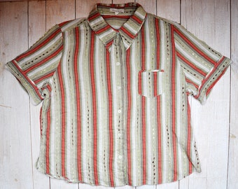 Vintage Striped Textured Short Sleeve Button Up Blouse