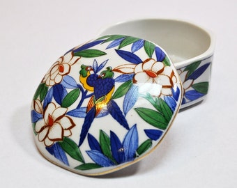 Vintage Ceramic Small Bowl with Lid Handpainted Parrots and Flowers Octangular Trinket Box