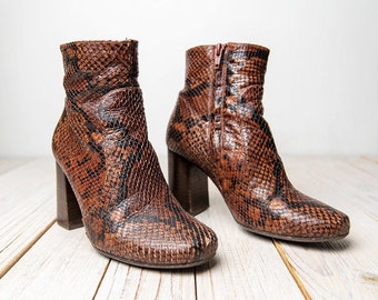 Vintage Brown Genuine Snakeskin Zipper Ankle Boots