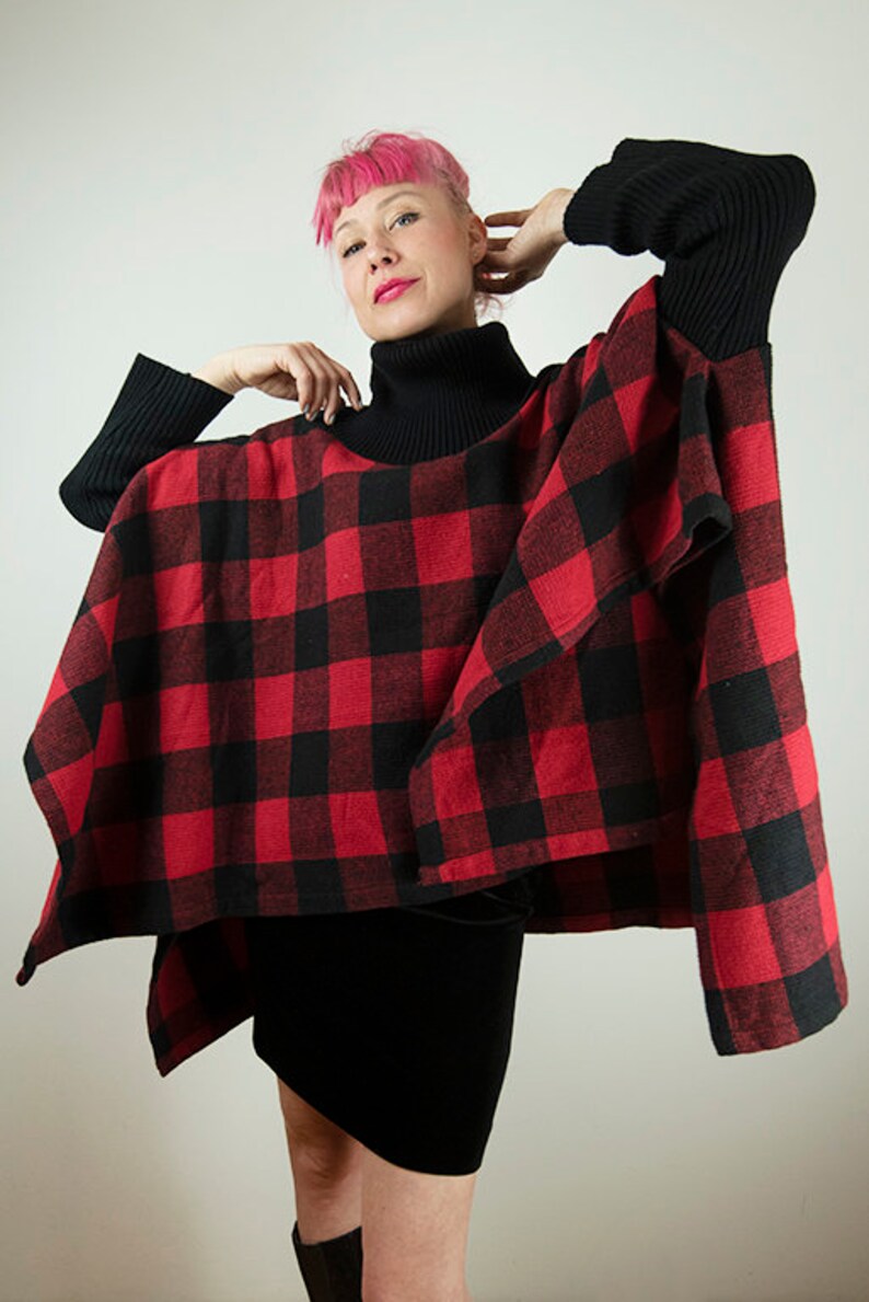 Vintage Red Buffalo Plaid Poncho Jacket image 2