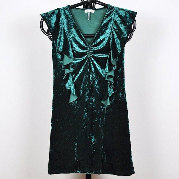 Vintage Emerald Green Velvet Ruffle Cap Sleeve Mini Dress