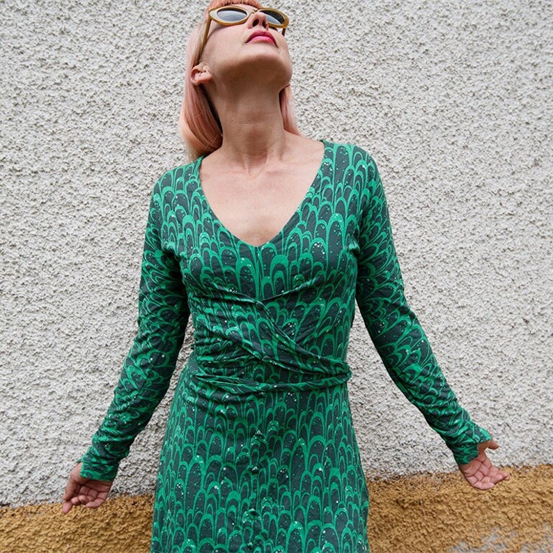Vintage Green and Gray Abstract Print Wrap Around Long Sleeve Mini Dress image 1