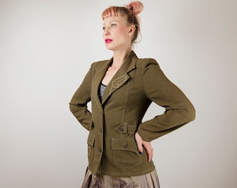 Vintage Olive Green Blazer with Oak Tree Leaves Embroidery