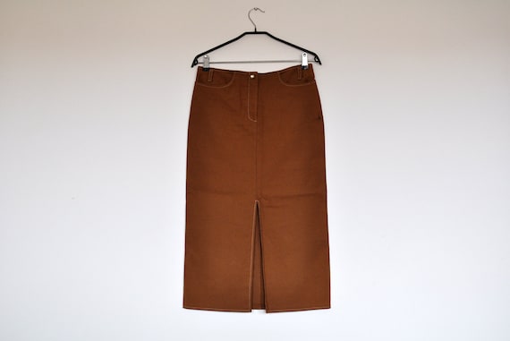 Vintage Brown Denim Pencil Midi Skirt