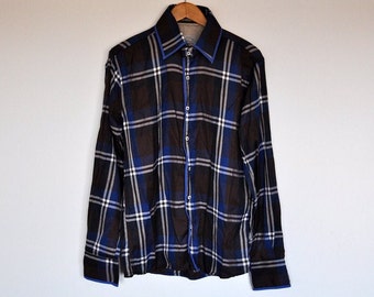 Vintage Blue Plaid Long Sleeve Button Down Preppy Shirt