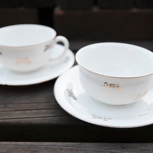 Vintage Set of Two White and Gold Tea Cups with Saucers