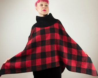 Vintage Red Buffalo Plaid Poncho Jacket