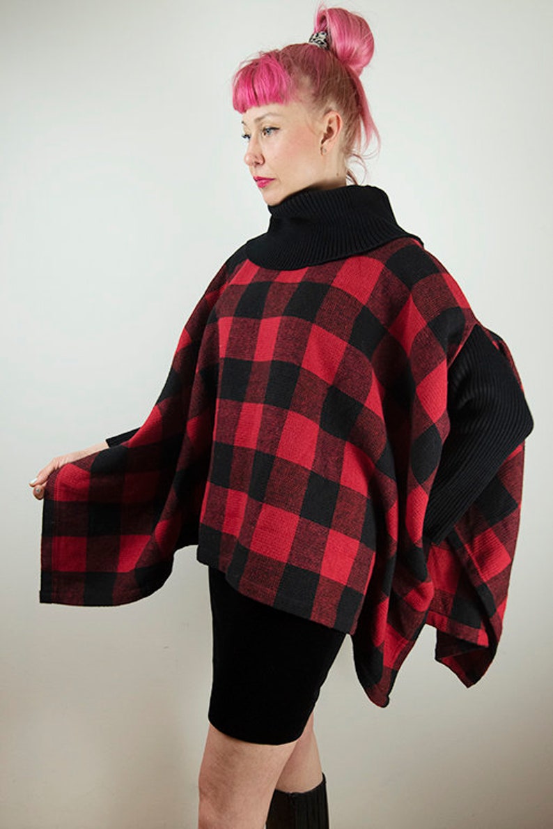 Vintage Red Buffalo Plaid Poncho Jacket image 5