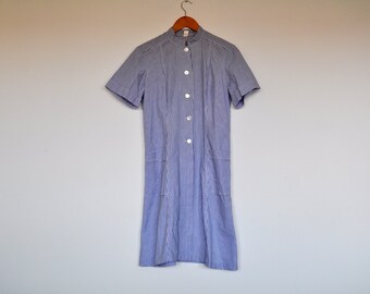 Vintage Blue and White Striped Button Up Shirtwaist Short Sleeve Housedress
