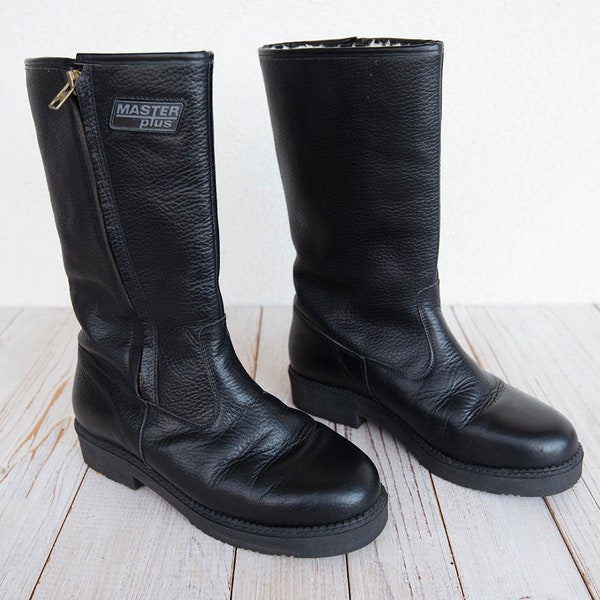 Vintage Black Sturdy Leather Shearling Lining Winter Work Boots